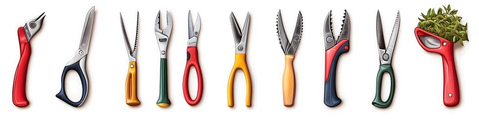 Poster - A visually balanced collection of hand pruners, shears, and secateurs, each tool displayed with fine details on a seamless white background. Vector art, no shadows, 4k resolution, white background