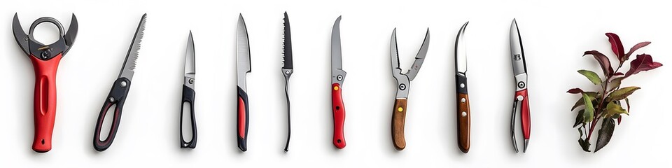 Poster - A visually balanced collection of hand pruners, shears, and secateurs, each tool displayed with fine details on a seamless white background. Vector art, no shadows, 4k resolution, white background