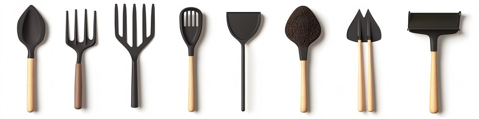 Aufkleber - Collection of planting tools including a dibber, hand cultivator, and soil scoop, arranged to showcase functional designs on a pure white background. Vector art, no shadows, 4k resolution, white