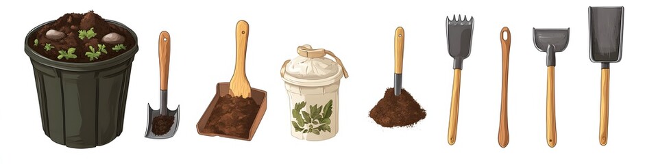 Poster - Display of compost bins, small shovels, and hand trowels, each tool with intricate details, arranged on a bright white background. Vector art, no shadows, 4k resolution, white background