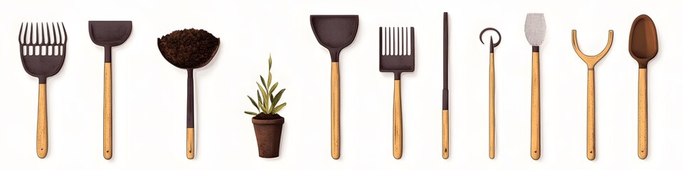 Aufkleber - Collection of planting tools including a dibber, hand cultivator, and soil scoop, arranged to showcase functional designs on a pure white background. Vector art, no shadows, 4k resolution, white