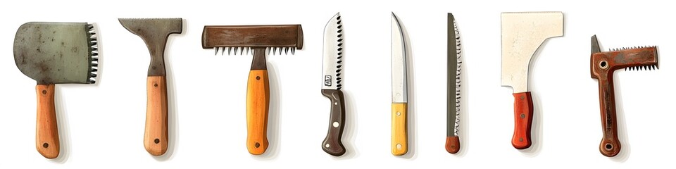 Poster - Array of hand saws, branch cutters, and pruning tools, each with unique blade designs, displayed in a row on a seamless white background. Vector art, no shadows, 4k resolution, white background