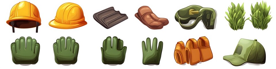 Aufkleber - Collection of protective garden gear, including knee pads, sun hats, and gloves, each with distinct features, arranged on a clean white background. Vector art, no shadows, 4k resolution, white