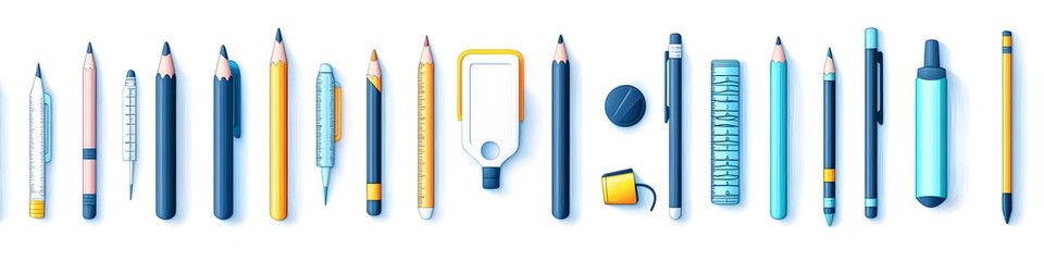 Aufkleber - A collection of essential office tools including pens, pencils, and highlighters, arranged in a neat row on a white background. Vector art, no shadows, 4k resolution, white background