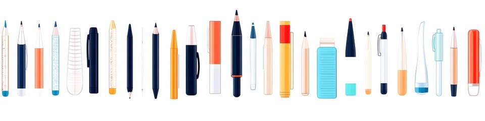 Aufkleber - A collection of essential office tools including pens, pencils, and highlighters, arranged in a neat row on a white background. Vector art, no shadows, 4k resolution, white background