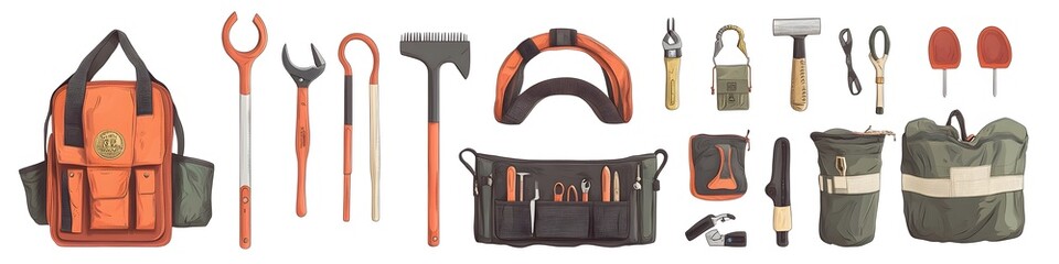 Poster - Display of garden tool organizers, including tool belts and storage bags, each arranged in a visually balanced pattern on a white background. Vector art, no shadows, 4k resolution, white background