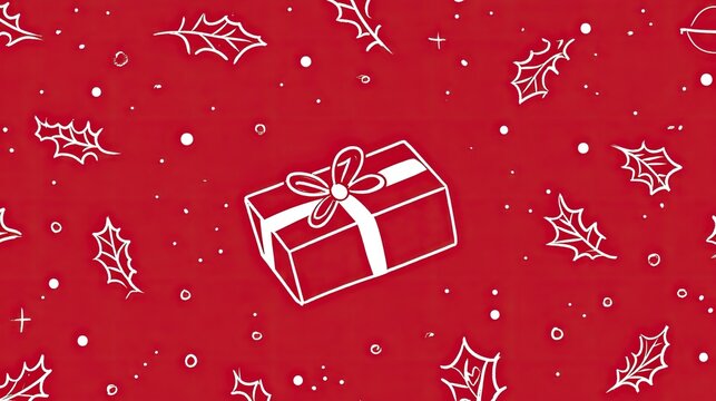 A minimalist red and white Christmas doodle featuring simple holly leaves and a gift box, arranged neatly.