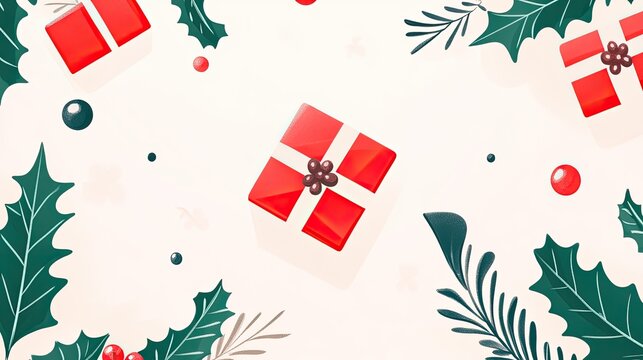 A minimalist red and white Christmas doodle featuring simple holly leaves and a gift box, arranged neatly.