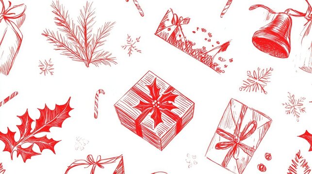 A minimalist red and white Christmas doodle featuring simple holly leaves and a gift box, arranged neatly.
