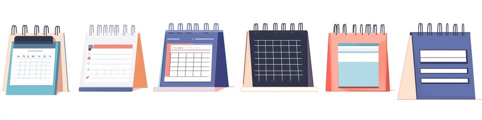 Poster - Assortment of desk calendars and planners, each with unique layouts and styles, positioned side by side on a seamless white background. Vector art, no shadows, 4k resolution, white background