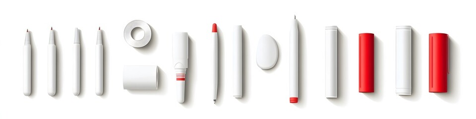 Poster - Collection of correction tape, erasers, and white-out pens, each with distinct shapes, displayed in a neat line on a pure white background. Vector art, no shadows, 4k resolution, white background