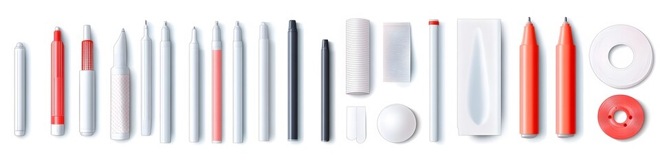 Poster - Collection of correction tape, erasers, and white-out pens, each with distinct shapes, displayed in a neat line on a pure white background. Vector art, no shadows, 4k resolution, white background
