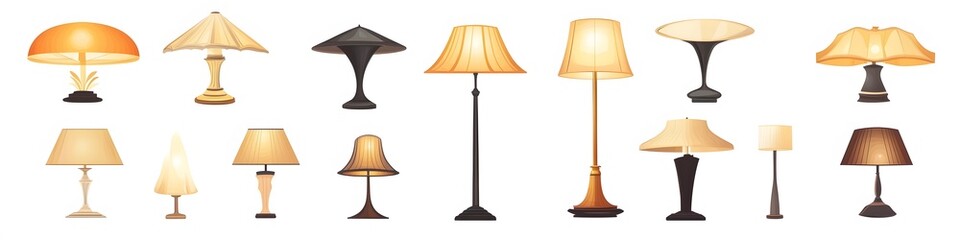 Aufkleber - Collection of desktop lamps in modern and classic styles, each with unique shapes, arranged on a clean white background. Vector art, no shadows, 4k resolution, white background