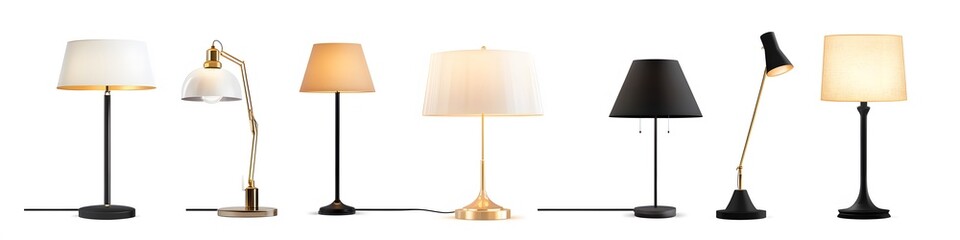 Aufkleber - Collection of desktop lamps in modern and classic styles, each with unique shapes, arranged on a clean white background. Vector art, no shadows, 4k resolution, white background