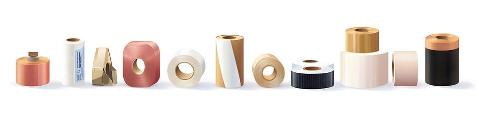 Poster - Array of adhesive tapes and dispensers, each with different finishes, displayed in a row on a seamless white background. Vector art, no shadows, 4k resolution, white background