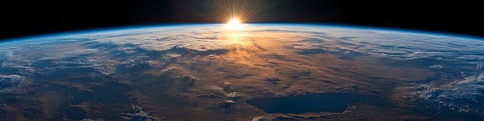 Wall Mural - the sun is setting on the earth, casting a warm glow over the planet. the sky is dark, and the stars