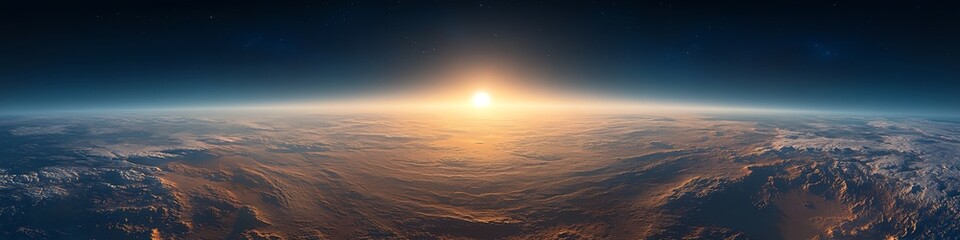Wall Mural - a panoramic view of the earth with a sun rising in the sky. the sun is the main focus of the image, 