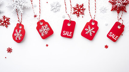 Wall Mural - Red sale tags with snowflake decorations hang against white background