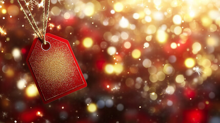 Wall Mural - festive red and gold gift tag sparkles against blurred background of warm holiday lights