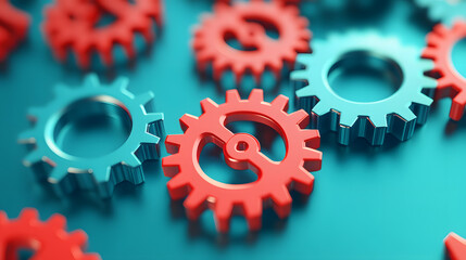 Wall Mural - close-up of red and blue gears interlocking on a teal background, representing teamwork, collaborati