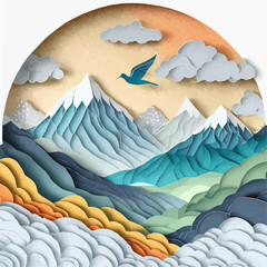 Wall Mural - Oiseau volant au-dessus de montagnes sous un ciel nuageux
