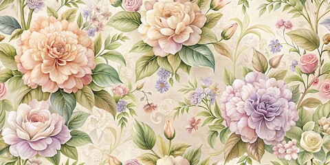  Delicate Watercolor Floral Pattern Featuring Pink, Purple, and Peach Blossoms with Lush Green Foliage on a Soft Ivory Background