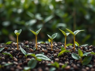 Wall Mural - Coffee bean seedlings sprouting in a lush green natural background, symbolizing growth and rejuvenation, Background, Renewal, Eco-friendly