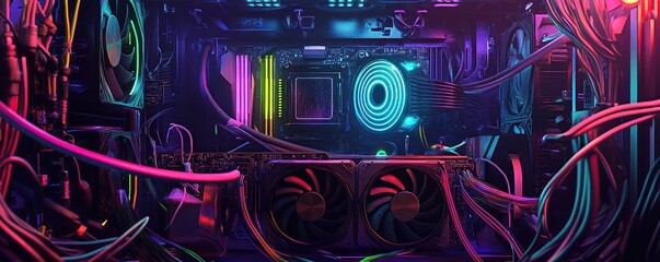 Poster - A pile of graphics cards with fans, connected by colorful cables to an alien machine in the background
