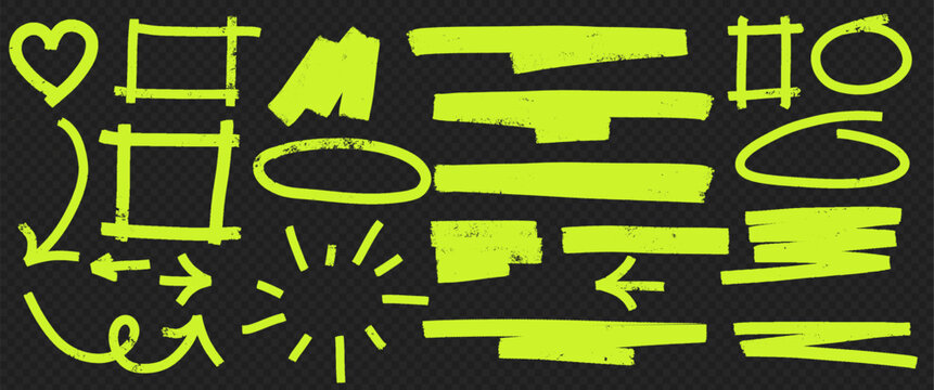 Vector set of highlight markers, swirl lines and arrows. Emphasis shapes and heart doodles with hand drawn strokes. Abstract sketchy elements for text.