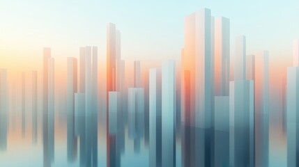 Poster - Futuristic cityscape with tall, reflective skyscrapers at sunrise, AI