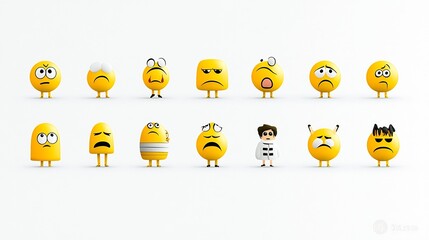 Poster - Flat icons of yellow emojis showcasing a range of expressions like happiness sadness shock and awe isolated on a clean white background with a pixel perfect minimalist design