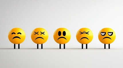 Poster - Collection of vibrant yellow emoji icons depicting a range of expressions from happiness and joy to sadness and shock presented in a minimalist flat design style against a clean white background