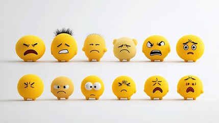 Poster - Collection of vibrant yellow emoji icons depicting a variety of emotions such as joy sadness surprise and anger isolated on a clean white background with a pixel perfect minimalist design