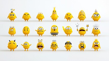 Poster - Vibrant collection of yellow emoji icons showcasing a range of emotional expressions including joy sadness surprise and anger on an isolated white background