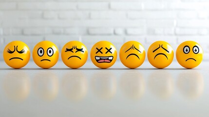 Poster - A set of vibrant pixel perfect yellow emoji icons depicting a range of expressions including winking smiling neutral and shocked faces all set against a clean white background