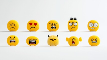 Poster - Vibrant collection of expressive yellow emoji icons featuring diverse facial expressions including heart eyed angry crying and laughing faces on a clean white background