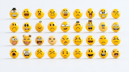 Poster - Vibrant and Expressive Emoji Icon Set Showcasing a Range of Emotions from Contentment to Amazement Laughing to Frowning Presented Against a Pristine White Background with Pixel Perfect Precision