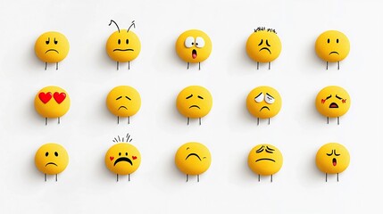 Poster - Comprehensive set of 64x64 flat featuring a collection of yellow emojis expressing a wide range of emotions including love sadness anger and happiness on a clean white background