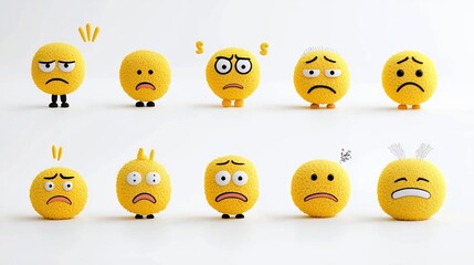 Poster - Set of four expressive yellow emoji icons showcasing facial expressions for joy sadness boredom and anger on a clean white background  Pixel perfect digital in a simple minimalist style