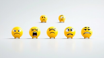 Poster - Set of expressive yellow emoji icons depicting a range of facial expressions including joy sadness boredom and anger displayed on a clean white background with a pixel perfect minimalist design
