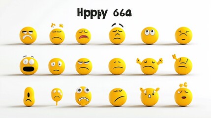 Poster - Assortment of Vibrant Yellow Emoji Icons Conveying Diverse Expressions Including Happy Sad Confused and Sleepy Faces Isolated on a Clean White Background with Pixel Perfect Precision
