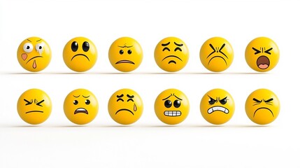 Poster - Collection of flat icons depicting a variety of vibrant yellow emojis expressing different emotional states including thumbs up neutral frown and grin in a clean