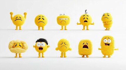 Poster - Comprehensive set of cheerful yellow emoji icons depicting a range of facial expressions including happy sad confused and sleepy against a clean white background