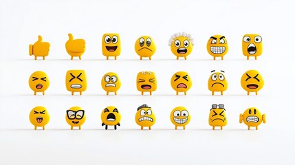 Poster - Flat icons of vibrant yellow emojis showcasing a range of expressive emotions including thumbs up neutral face frown and grinning