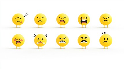 Poster - Set of vibrant yellow emoji icons displaying a range of expressive facial reactions including smiling frowning crying and blushing all isolated against a clean white background with a flat minimalist