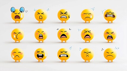 Poster - Colorful collection of 64x64 pixel perfect emoji icons in a vibrant yellow hue showcasing a range of expressive reactions like crying blushing frowning and grinning