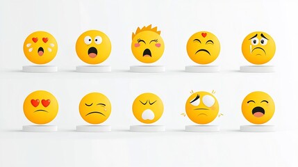 Poster - Vibrant collection of various emoji icons featuring surprised laughing heart eyed and sad facial expressions in a flat vector style on a clean white backdrop