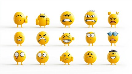 Poster - Vibrant Collection of Flat Yellow Emoji Icons Showcasing a Range of Emotional Expressions including Thumbs Up Neutral Frown and Grin Designs against a Clean White Background