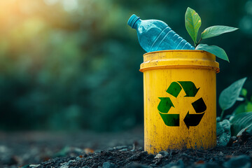 Yellow recycling bin placed in a garden with a plastic bottle and green plant, symbolizing environmental awareness and sustainable living practices for a cleaner future.