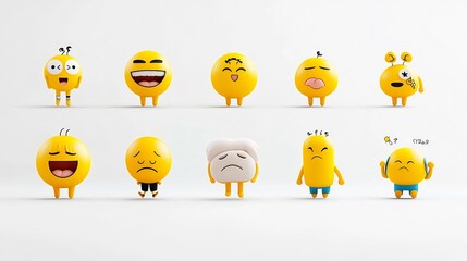 Poster - Colorful Collection of Pixel Perfect Yellow Emoji Icons Showcasing Various Emotional Facial Expressions Such as Laughing Thinking Sleepy and Smiling